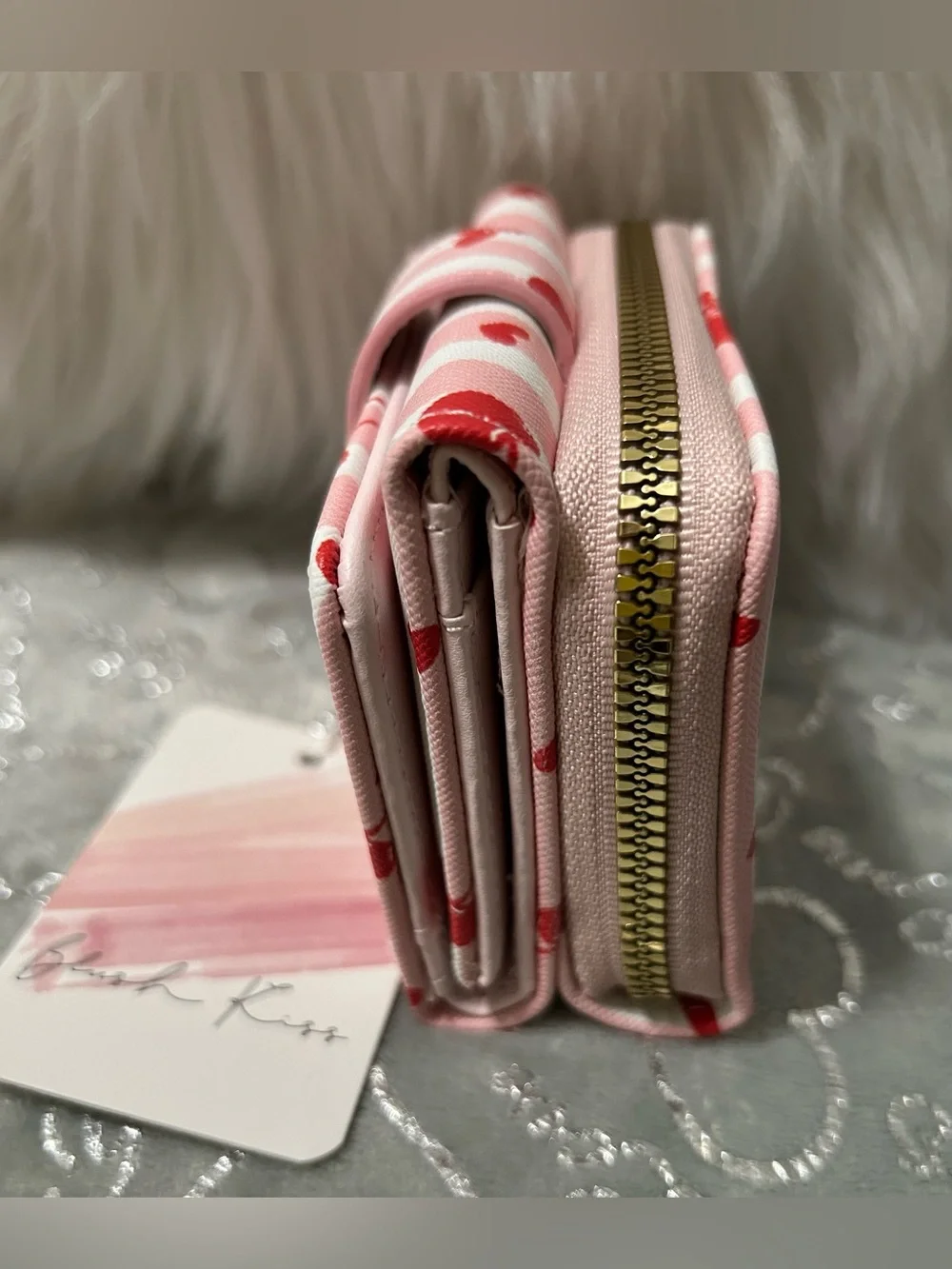 NWT Blush Kiss Size 4’x4’, Pink & White Stripe Cherry Wallet w/Gold Heart Accent